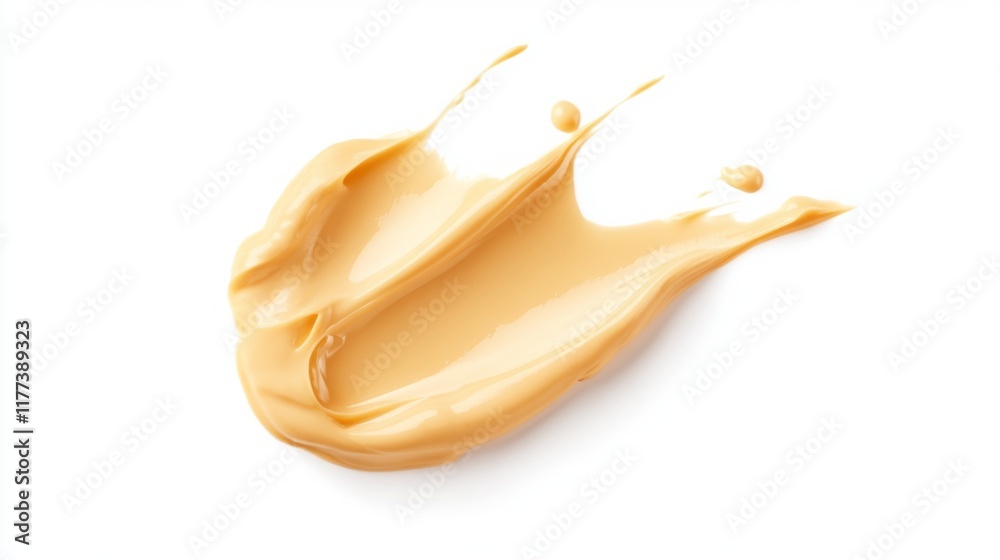 Fototapeta premium Melted cheddar cheese texture isolated on white background. Food photo sauce Drip with splash