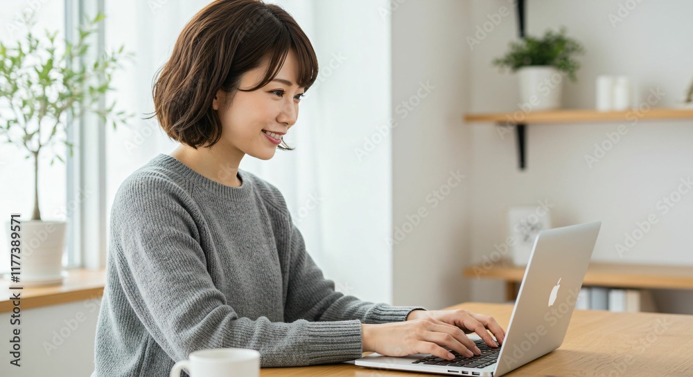 Focused Japanese Woman with Medium Brown Hair Working Remotely from a Bright Home Office with a Minimalist Interior Focused Japanese Woman with Medium Brown Hair Working Remotely from a Bright Home Office with a Minimalist Interior