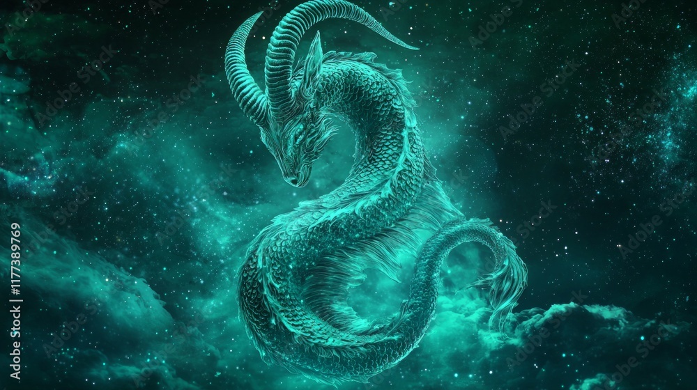 Mystical Capricorn: Serpentine Fish Tail Transforms into Goat Horns in Stardust Swirl Cinematic Artwork Mystical Capricorn: Serpentine Fish Tail Transforms into Goat Horns in Stardust Swirl Cinematic Artwork