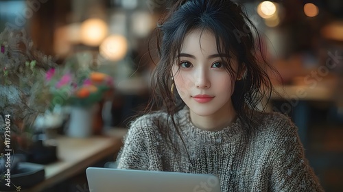 Serene Woman Illustration Cozy Sweater Laptop