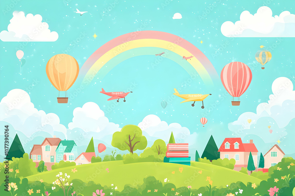 Whimsical illustration of a dreamy landscape with hot air balloons, airplanes, rainbow, houses, and vibrant greenery, perfect for children's books, websites, or cards. Whimsical illustration of a dreamy landscape with hot air balloons, airplanes, rainbow, houses, and vibrant greenery, perfect for children's books, websites, or cards.