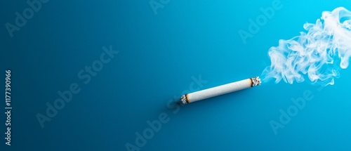 A cigarette emits smoke against a blue background, emphasizing themes of smoking and health.