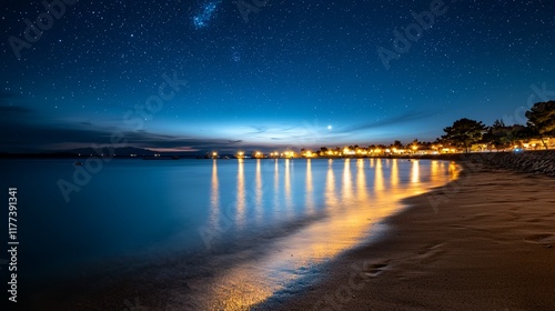 Wallpaper Mural Night beach view with distant lights of boats creating a subtle glittering effect on the water, stars melting into the sky, horizon barely visible Torontodigital.ca