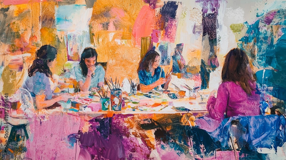 Fototapeta premium Vibrant Scene of Women Engaged in Art Creation in a Colorful Studio Environment