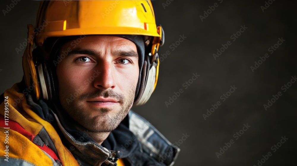 Close-up portrait of a construction worker in full safety gear, with a confident expression and dark background. Close-up portrait of a construction worker in full safety gear, with a confident expression and dark background.