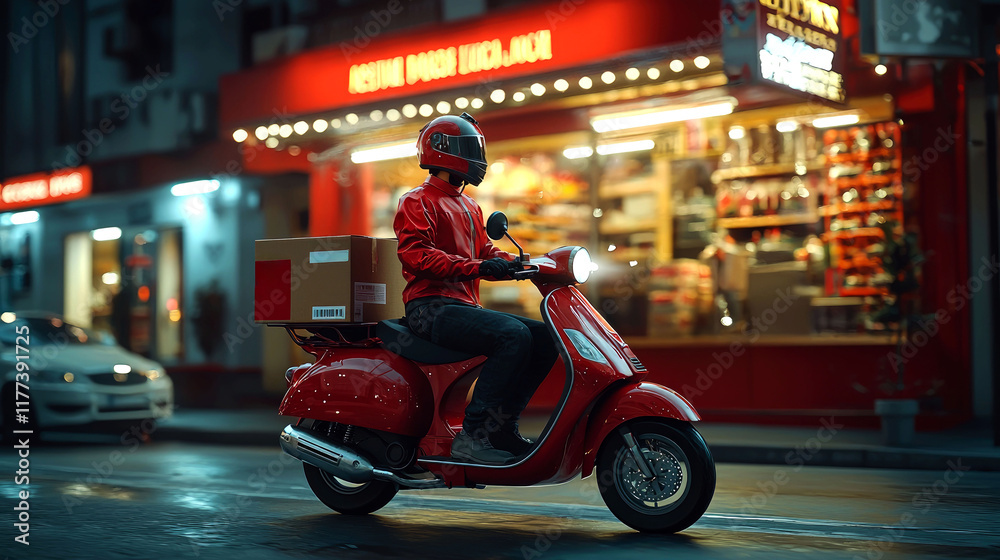 Fast Delivery Service at Night: Red Scooter Rider in City Fast Delivery Service at Night: Red Scooter Rider in City