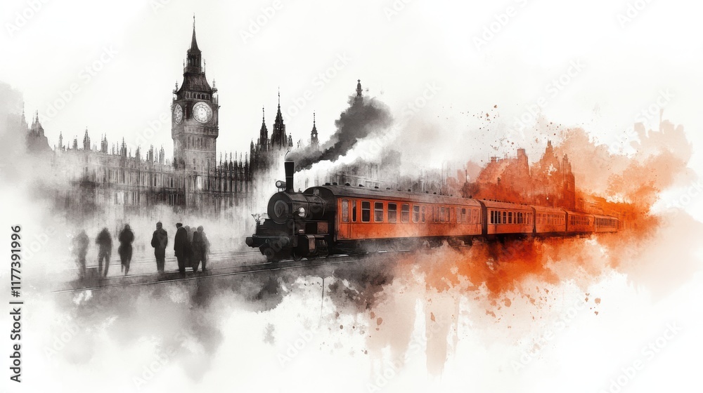 A clock tower overlooks train passing through the vibrant city, urban railway cityscape. A clock tower overlooks train passing through the vibrant city, urban railway cityscape.