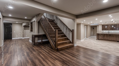 Contemporary basement design with open wooden stairs and dark hardwood flooring, exuding modern elegance.