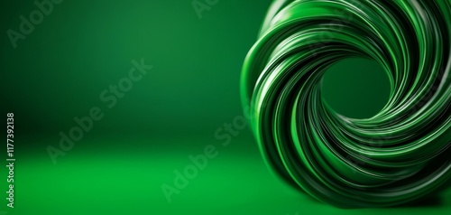 A vibrant green spiral design creates a visually striking focus against a soft green background.