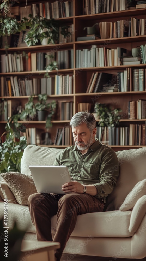 Focused older man working on laptop in cozy living room surrounded by books and plants in a minimalist setting Focused older man working on laptop in cozy living room surrounded by books and plants in a minimalist setting
