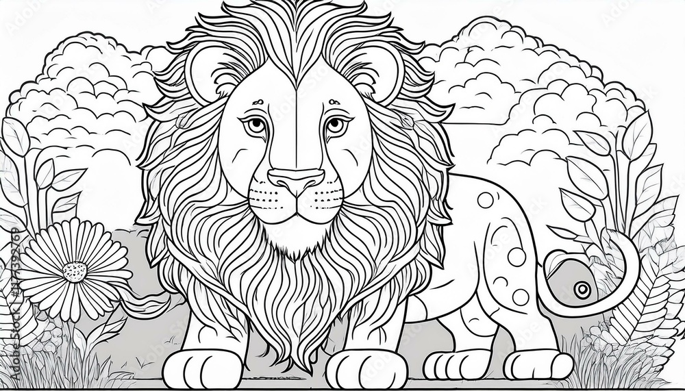 Fototapeta premium Lion coloring page for kids. Generated image