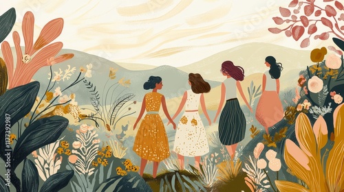 Enchanting Illustration of Women Exploring Nature Together in a Vibrant Landscape