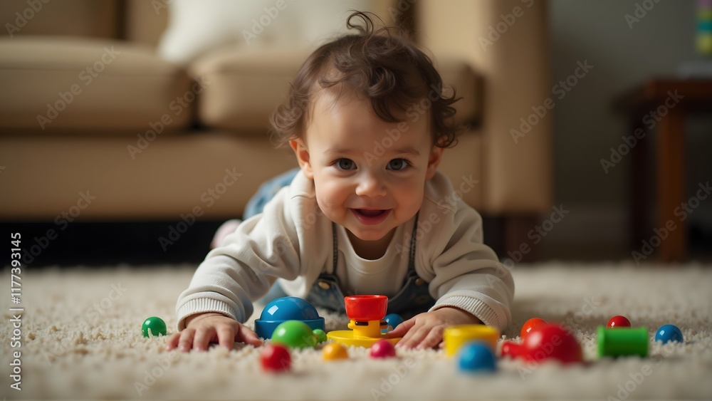 Adorable baby crawling on a soft carpet, smiling joyfully, surrounded by colorful toys in a cozy living room. The playful scene captures happiness and early childhood exploration. Adorable baby crawling on a soft carpet, smiling joyfully, surrounded by colorful toys in a cozy living room. The playful scene captures happiness and early childhood exploration.