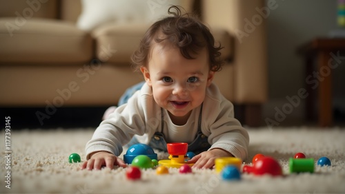 Adorable baby crawling on a soft carpet, smiling joyfully, surrounded by colorful toys in a cozy living room. The playful scene captures happiness and early childhood exploration.