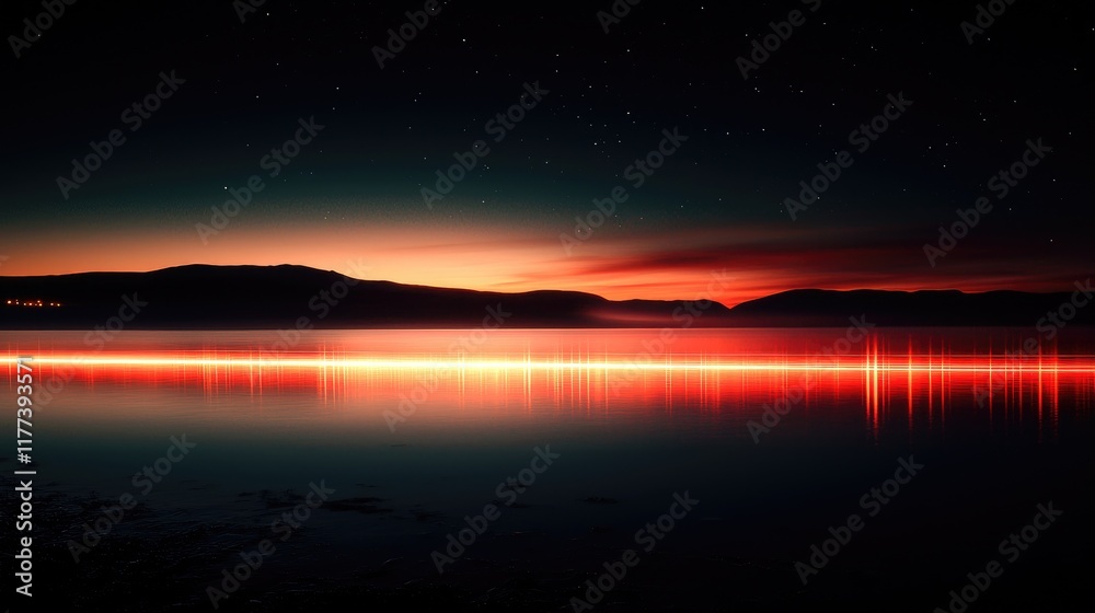 Fototapeta premium Fiery Sunset Landscape: Red Horizon, Starry Night, and Serene Lake Reflection