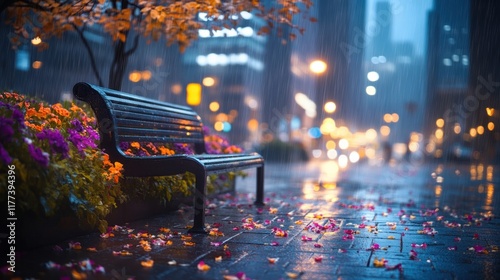 Wallpaper Mural Rainy city park bench, autumn flowers, cityscape background Torontodigital.ca