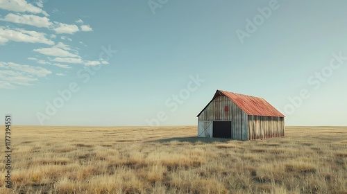 A scenic countryside landscape, fields, green grass, a farm with an old barn, trees, and a clear blue sky in the background photo