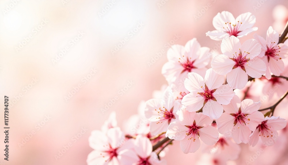 Close-up image of delicate pink cherry blossoms in full bloom against a blurred background. Close-up image of delicate pink cherry blossoms in full bloom against a blurred background.