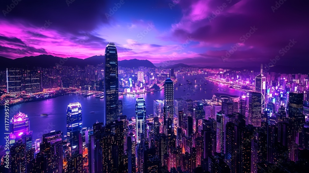 Fototapeta premium Panoramic view of city skyscrapers at night, twinkling lights blending into a dreamy, glittering sky, with soft motion blur. Cityscape night, panoramic shot, glowing lights