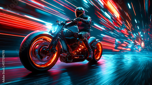 Futuristic Motorcycle Rider Speeding Through Neon City at Night photo