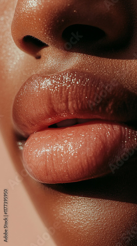 Close-up of lips with lip gloss showing off their natural beauty and texture.