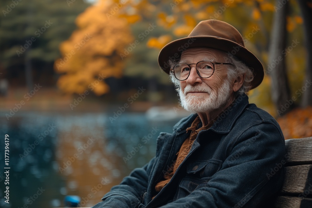 Senior Man Sitting on a Bench with a Hat and Glasses Senior Man Sitting on a Bench with a Hat and Glasses
