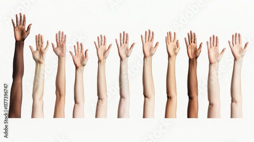 diverse hands raised on white background