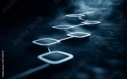 A glowing, abstract pathway of interconnected shapes emerges through mist, creating a mysterious and ethereal atmosphere.