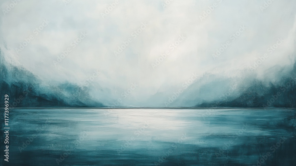 Fototapeta premium Muted teal and gray mist envelopes calm water reflecting gentle hues at dusk in a serene landscape