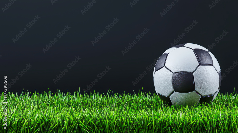 Fototapeta premium Close up of soccer ball on vibrant green grass, ready for play