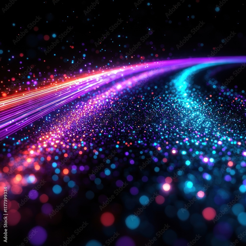 Fototapeta premium Colorful light trails streak across a sparkling particle field in space, ideal for digital backgrounds