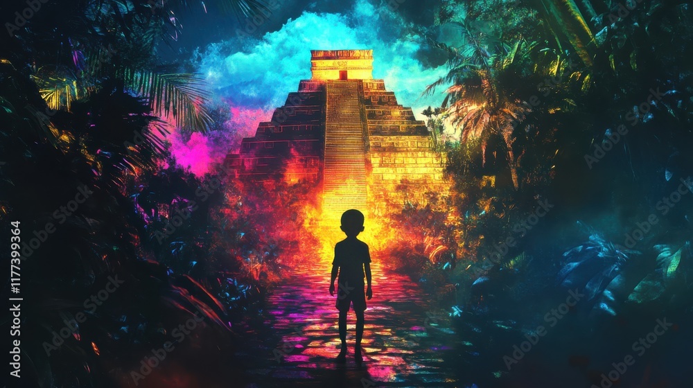 Fototapeta premium Silhouette of a child standing before a vibrant pyramid in a mystical jungle at twilight