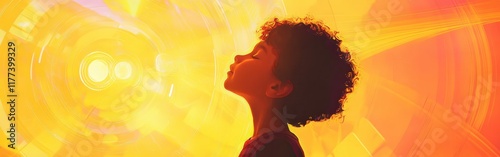 Child radiating light and wonder against a vibrant, glowing background during a serene moment of reflection photo