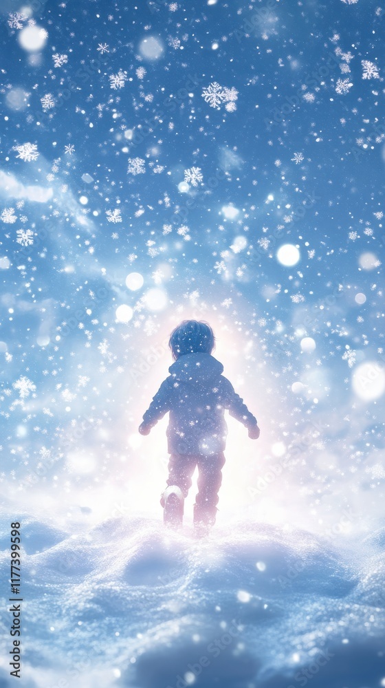 Child glowing in a snowy landscape during winter, surrounded by falling snowflakes and sparkling lights Child glowing in a snowy landscape during winter, surrounded by falling snowflakes and sparkling lights