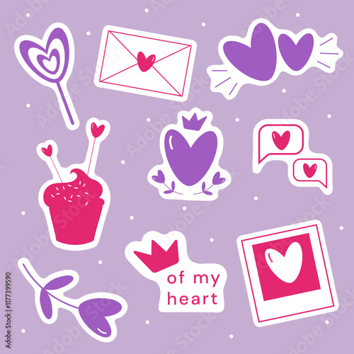 Vector set of  Valentines day stickers with hearts, crowns, flowers in heart shape, letter, lollypop, photo card, cupcake and title queen or king of my heart. Vector flat illustration
