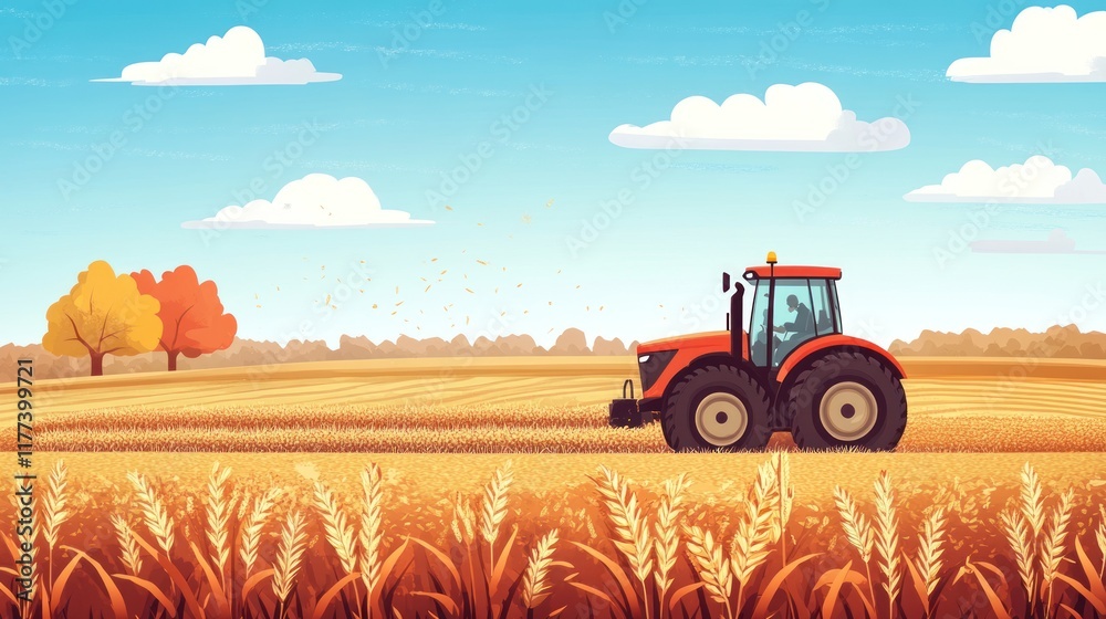 Obraz premium A tractor working in a golden wheat field under a blue sky with trees in the background.