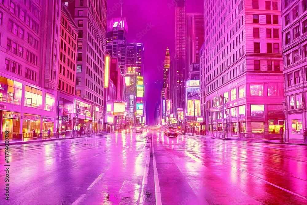 Vibrant pink cityscape at night, rain reflecting on wet streets, glowing city lights, modern architecture, urban scene. Vibrant pink cityscape at night, rain reflecting on wet streets, glowing city lights, modern architecture, urban scene.