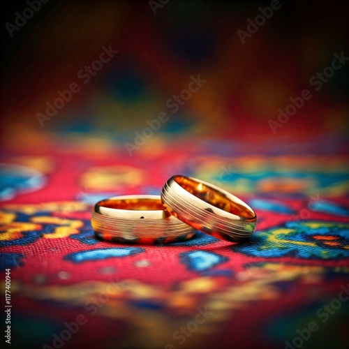 Gold Wedding Rings on Rainbow LGBT Flag: Symbol of Love, Equality, and Pride photo