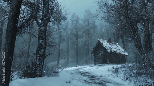 Old house in the snow surrounded by trees in a winter village landscape with a mountain view, creating a peaceful rural scene photo