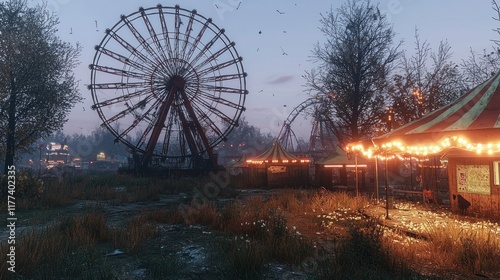 Abandoned amusement park at dusk with Ferris wheel, carousel, and overgrown weeds; potential post-apocalyptic setting