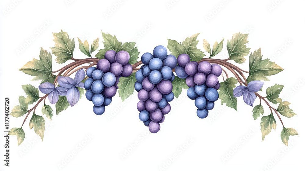 Obraz premium Watercolor illustration of detailed cluster of grapes with leaves