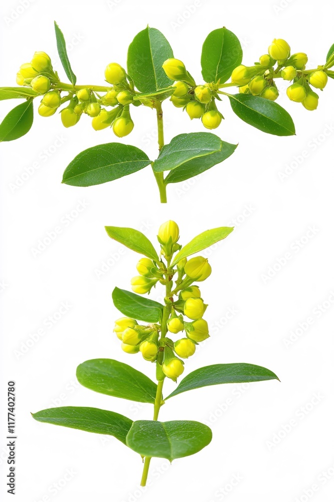 Obraz premium Yellow Flowering Branch with Buds and Green Leaves Isolated on White Background