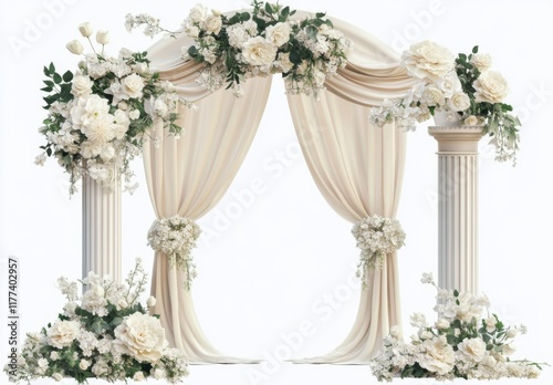 3D Wedding Arches with White and Beige Flowers, Curtains, and Floral Arrangements on Transparent Background.
