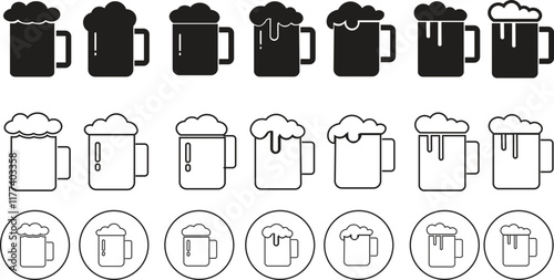 Depiction of frothy beer mug icon set isolated on transparent background. Ideal for pubs, breweries, and beer enthusiasts seeking vintage charm black flat and line vector collection drink glass symbol