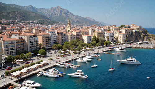Coastal cityscape with yachts and mountains, vibrant summer retreat