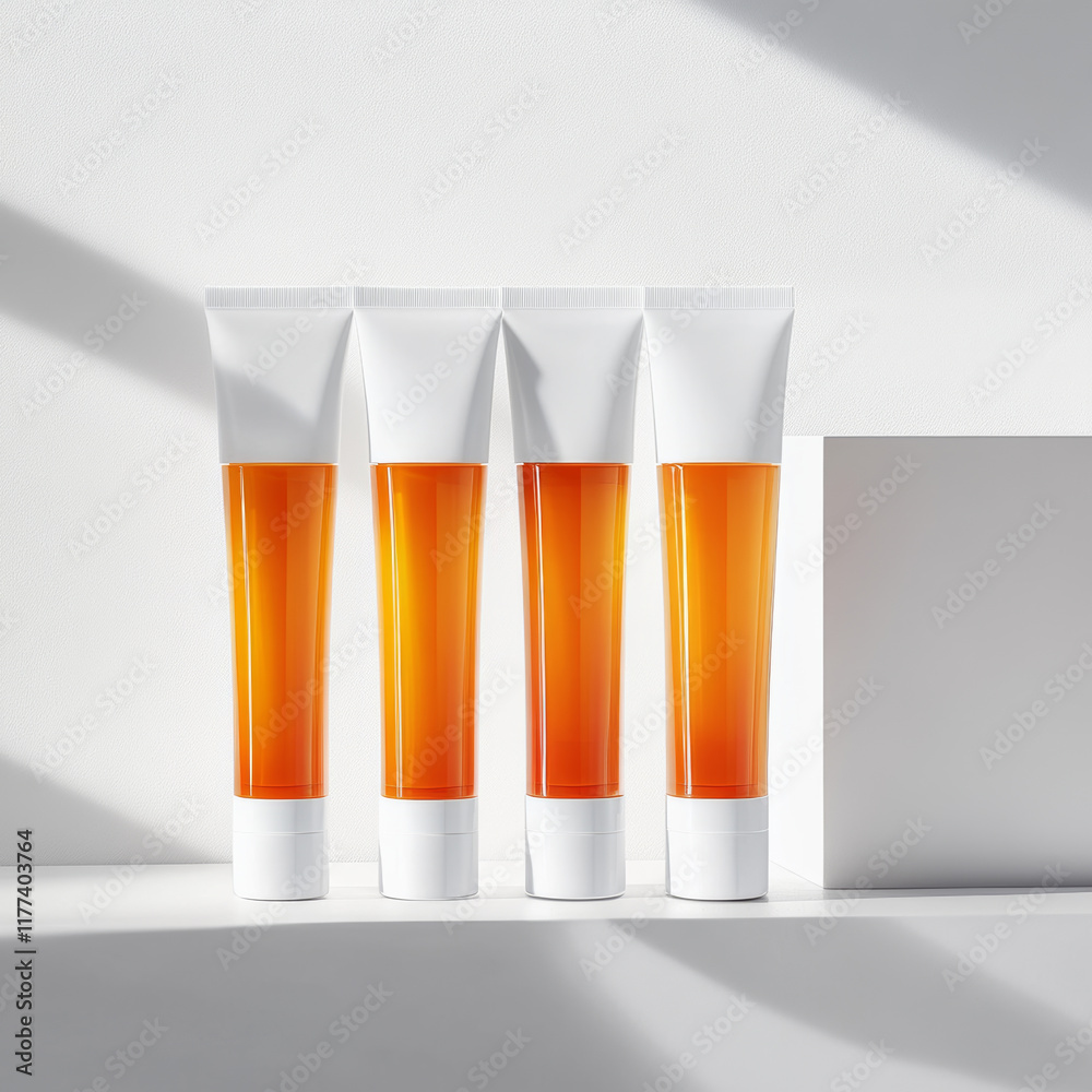 Four minimalist beauty tubes with orange liquid displayed on white surface, showcasing modern aesthetic. clean lines and vibrant colors create inviting atmosphere Four minimalist beauty tubes with orange liquid displayed on white surface, showcasing modern aesthetic. clean lines and vibrant colors create inviting atmosphere