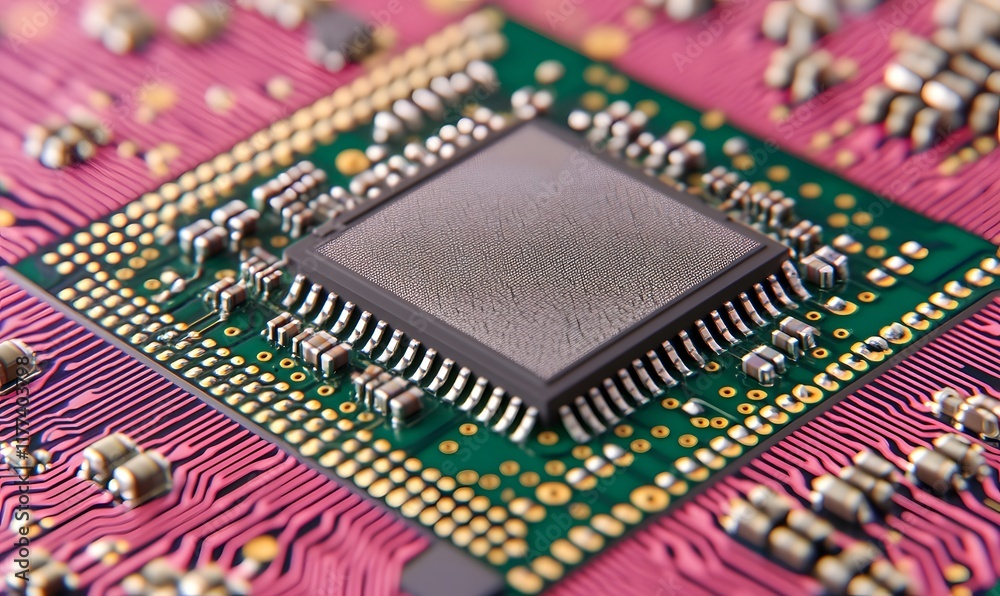 Close-up of a microchip on a circuit board. Close-up of a microchip on a circuit board.