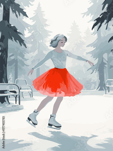 girl figure skater in a red skirt, girl is engaged in figure skating