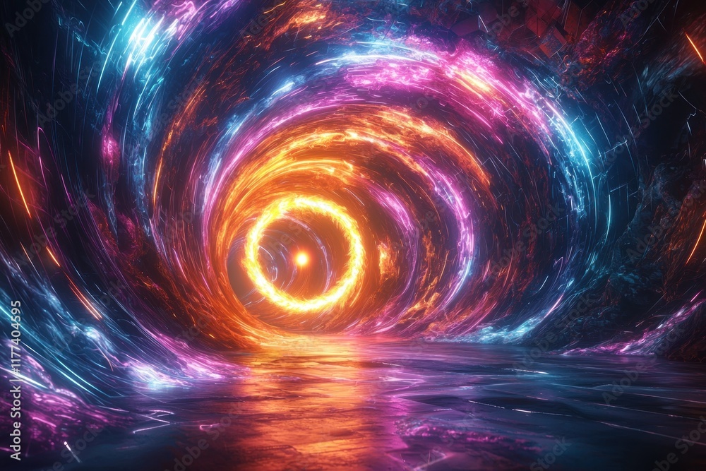 Obraz premium Swirling energy vortex tunnel with bright light, reflective floor, and dynamic background for digital art