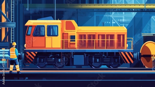 A vibrant industrial scene featuring a yellow train and a worker in a factory setting.